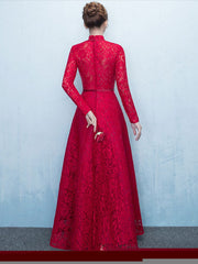 Glamorous Lace Mother Of The Bride Dress Burgundy High Collar Occasion Dress Long Sleeve A Line Wedding Guest Dresses