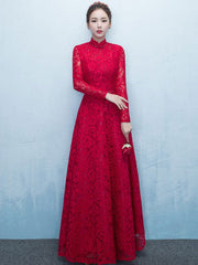 Glamorous Lace Mother Of The Bride Dress Burgundy High Collar Occasion Dress Long Sleeve A Line Wedding Guest Dresses