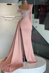 Glamorous Long Sleeve One Shoulder Mermaid Prom Dress Long With Slit