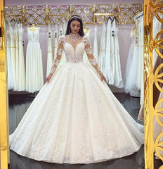 Glamorous Long Sleeves Lace Princess Wedding Dress Ball Gown High Neck