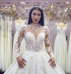 Glamorous Long Sleeves Lace Princess Wedding Dress Ball Gown High Neck