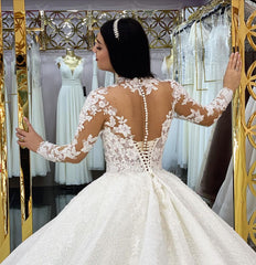 Glamorous Long Sleeves Lace Princess Wedding Dress Ball Gown High Neck