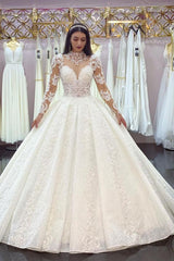 Glamorous Long Sleeves Lace Princess Wedding Dress Ball Gown High Neck