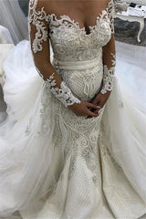 Glamorous Long Sleeves Lace Tulle Wedding Dresses New Arrival Ruffless Mermaid Bridal Gowns