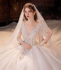 Glamorous Long Sleeves V-Neck Ball Gown Wedding Dress With Sequins Crystals