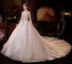 Glamorous Long Sleeves V-Neck Ball Gown Wedding Dress With Sequins Crystals