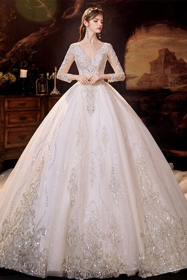 Glamorous Long Sleeves V-Neck Ball Gown Wedding Dress With Sequins Crystals