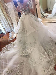 Glamorous Long Sleevess Tulle High Neck Bridal Gowns Appliques Wedding Dresses with Detachable Overskirt