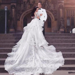 Glamorous Long Sleevess Tulle High Neck Bridal Gowns Appliques Wedding Dresses with Detachable Overskirt