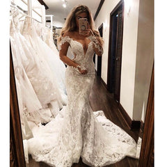 Glamorous Off the Shoulder Long Sleevess V Neck Appliques Mermaid Floor Length Wedding Dresses