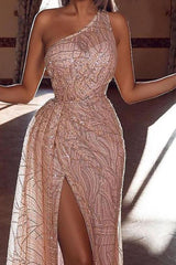 Glamorous One Shouder Sequins Prom Dress Long Slit Online