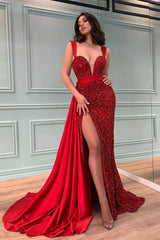 Glamorous Red Sequins Beadings Mermaid Prom Dress Split With Ruffles