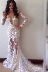 Glamorous Sheath Long Sleeves Lace Appliques Modern Wedding Dress