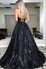 Glamorous Spaghetti-Straps Black Sequins Long Evening Prom Dress