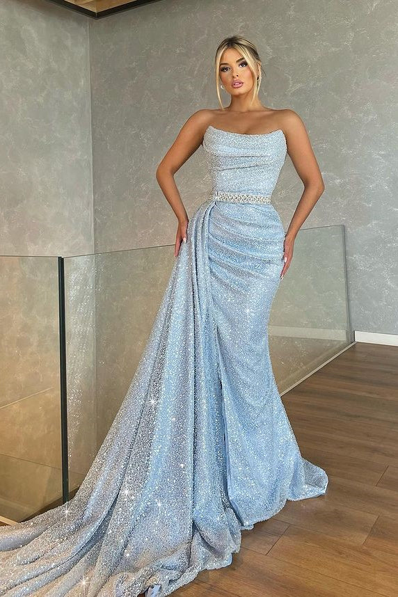 Glamorous Strapless Sequins Mermaid Prom Dress Long With Ruffles