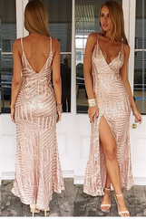 Glamorous V-Neck Sequins Prom Dress Long With Split Sleeveless