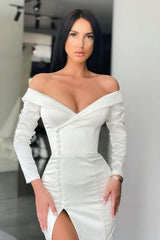 Glamorous White Long Sleeves Mermaid Evening Dress Off-the-shoulder Split Prom Gown