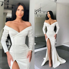 Glamorous White Long Sleeves Mermaid Evening Dress Off-the-shoulder Split Prom Gown