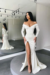 Glamorous White Long Sleeves Mermaid Evening Dress Off-the-shoulder Split Prom Gown