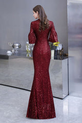Glittering Half Sleeves Keyhole Mermaid Long Burgundy Prom Party Gowns