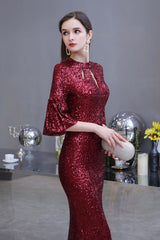 Glittering Half Sleeves Keyhole Mermaid Long Burgundy Prom Party Gowns