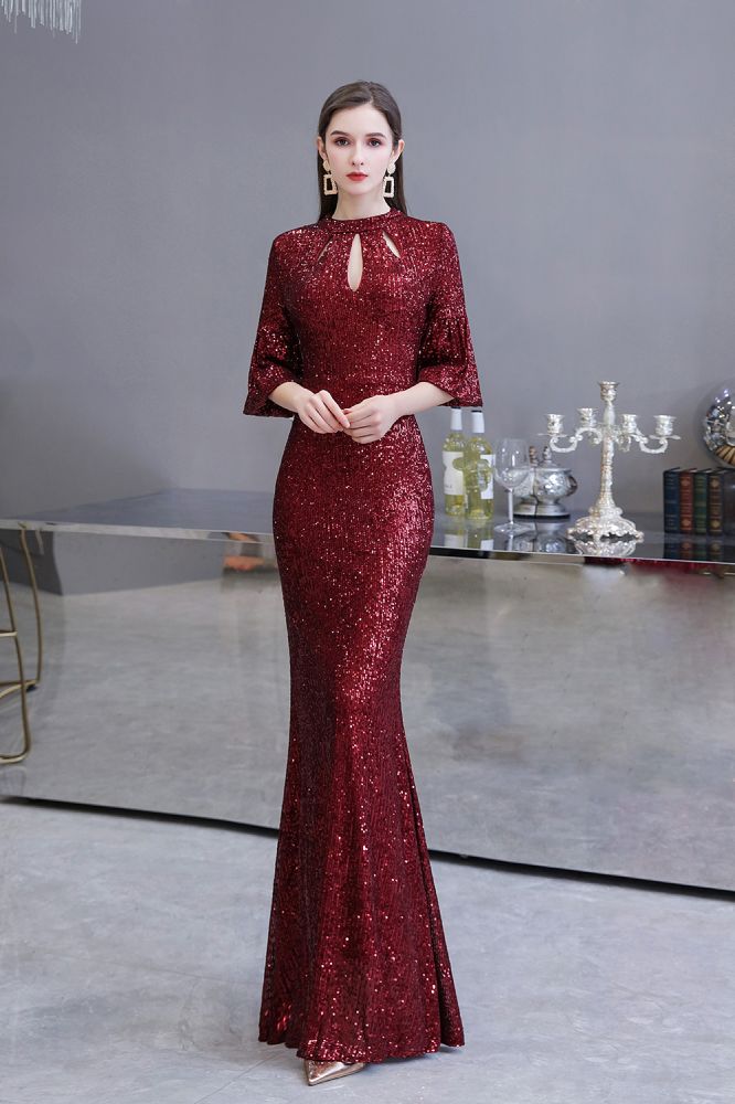 Glittering Half Sleeves Keyhole Mermaid Long Burgundy Prom Party Gowns