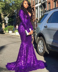 Glittering V-neck Long Sleevess Sequins Mermaid Prom Dresses