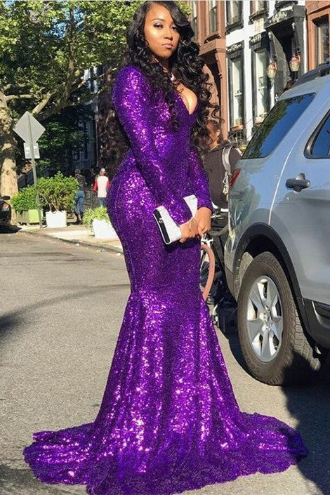 Glittering V-neck Long Sleevess Sequins Mermaid Prom Dresses