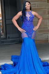 Glorious Royal Blue Lace Sleeveless Mermaid Prom Dress