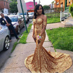 Gold Floor Length Off-the-Shoulder Mermaid Sweetheart Sleeveless Sequins Prom Dresses