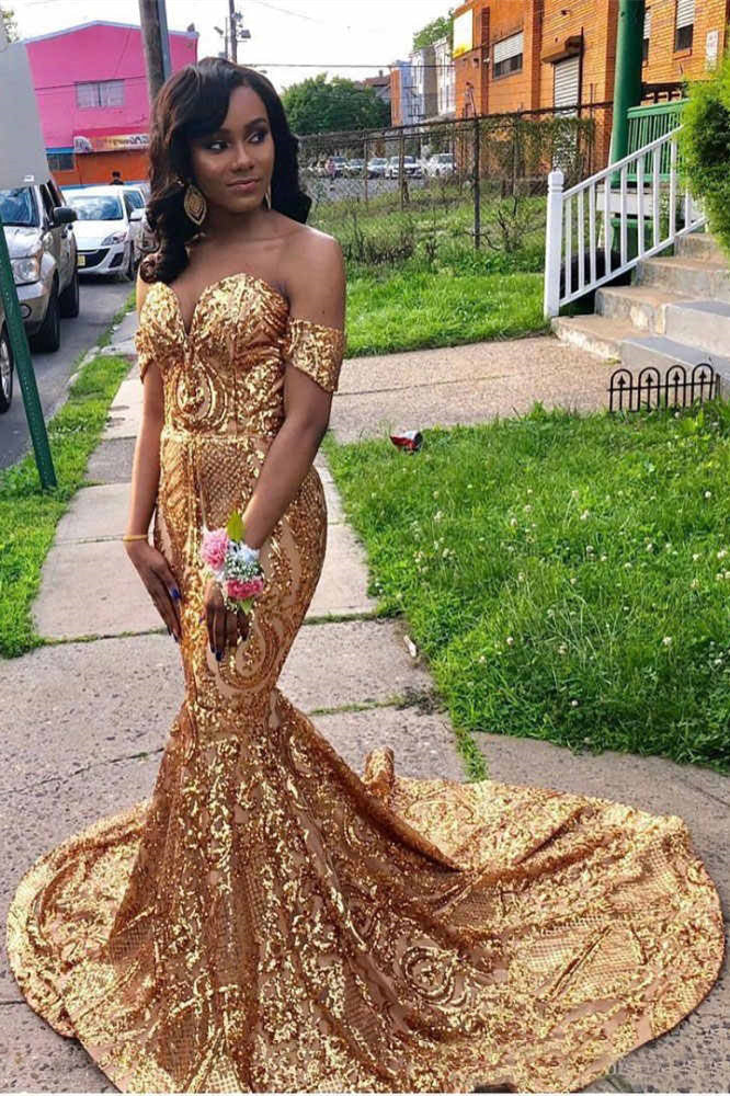 Gold Floor Length Off-the-Shoulder Mermaid Sweetheart Sleeveless Sequins Prom Dresses