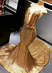 Gold Halter V-neck Mermaid Charming Sequined Deep Flow Neck Prom Party Gowns