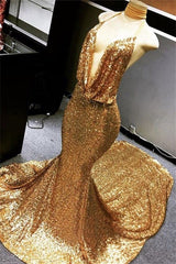 Gold Halter V-neck Mermaid Charming Sequined Deep Flow Neck Prom Party Gowns