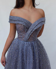 Gorgeous A-Line Off-the-Shoulder Tulle Beaded Prom Dresses