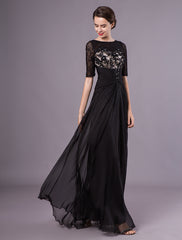 Gorgeous Black Evening Dresses Half Sleeves Lace Beading Chiffon Long Formal Gowns wedding guest dress