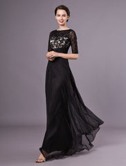 Gorgeous Black Evening Dresses Half Sleeves Lace Beading Chiffon Long Formal Gowns wedding guest dress