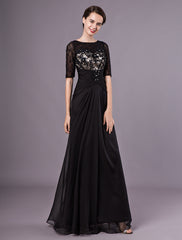 Gorgeous Black Evening Dresses Half Sleeves Lace Beading Chiffon Long Formal Gowns wedding guest dress