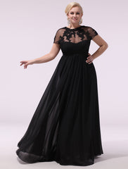 Gorgeous Black Evening Dresses Plus Size Evening Dress Chiffon Lace Applique Illusion Short Sleeves Floor Length Wedding Guest Dress