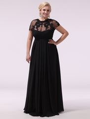 Gorgeous Black Evening Dresses Plus Size Evening Dress Chiffon Lace Applique Illusion Short Sleeves Floor Length Wedding Guest Dress