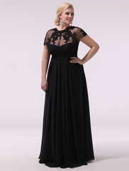 Gorgeous Black Evening Dresses Plus Size Evening Dress Chiffon Lace Applique Illusion Short Sleeves Floor Length Wedding Guest Dress