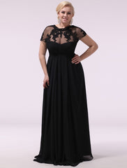 Gorgeous Black Evening Dresses Plus Size Evening Dress Chiffon Lace Applique Illusion Short Sleeves Floor Length Wedding Guest Dress