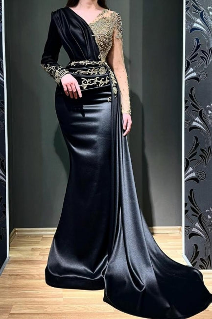 Gorgeous Black Long Sleeves Prom Dress Mermaid Lace Beadings Online