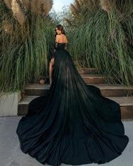 Gorgeous Black Prom Dress Off-the-Shoulder Holiday Dress Lace With Slit