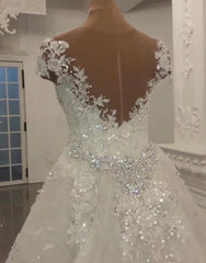 Gorgeous Crystal Lace Off-the-Shoulder V-neck Beading Wedding Dresses with Detachable Overskirt