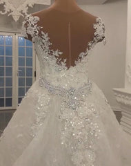 Gorgeous Crystal Lace Off-the-Shoulder V-neck Beading Wedding Dresses with Detachable Overskirt