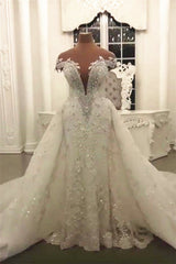 Gorgeous Crystal Lace Off-the-Shoulder V-neck Beading Wedding Dresses with Detachable Overskirt