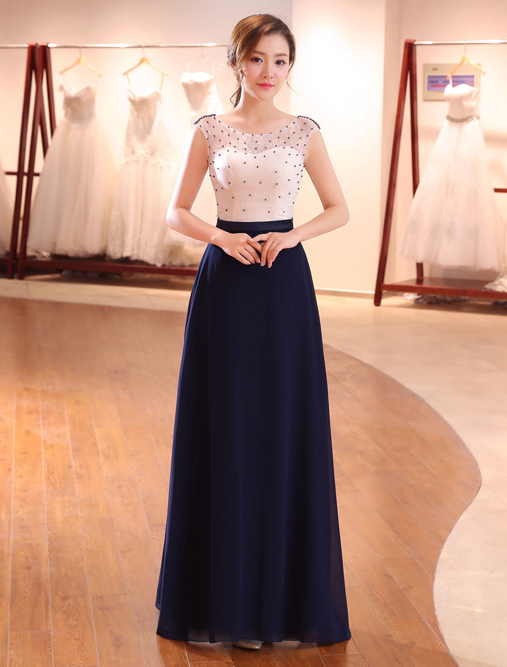 Gorgeous Evening Dresses Dark Navy Lace Formal Dress Illusion Beaded Contrast Color Floor Length Wedding Guest Dress