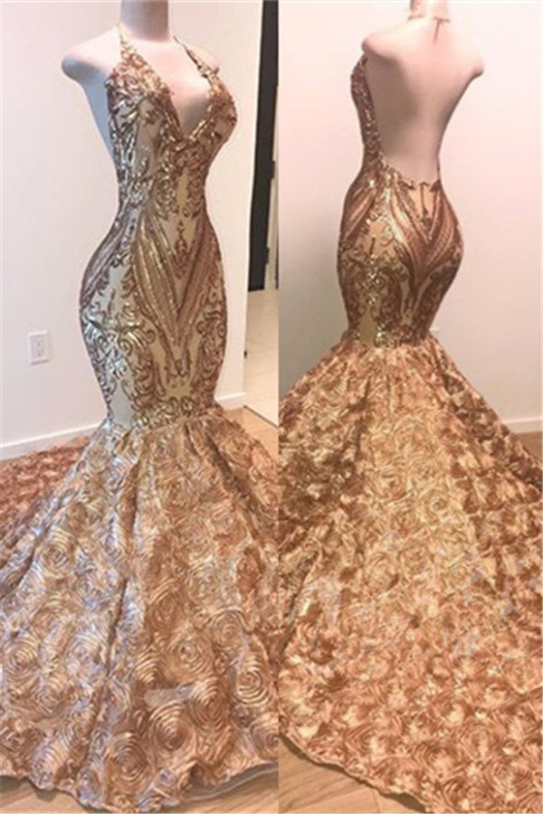 Gorgeous Gold Sequins Sleeveless Prom Party Gowns| Shiny Mermaid Evening Gowns With Flowers Bottom