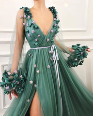 Gorgeous Green Long-Sleeves Tulle Side-Slit A-Line Prom Party Gowns