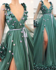 Gorgeous Green Long-Sleeves Tulle Side-Slit A-Line Prom Party Gowns